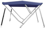 Navy blauwe 3-boogs biminitop van RVS 22 mm met doek, hoes en achtersteunen, lengte 183 cm, hoogte naar keuze 91/117/137 cm.

