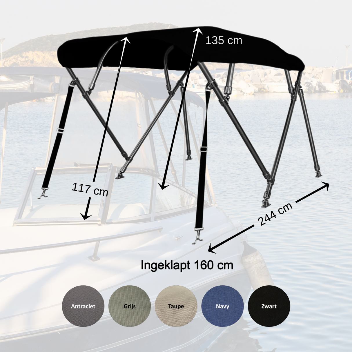 Sunmaster DeLuxe 4-boogs Biminitop – 232 cm | 25 mm RVS antraciet grijs