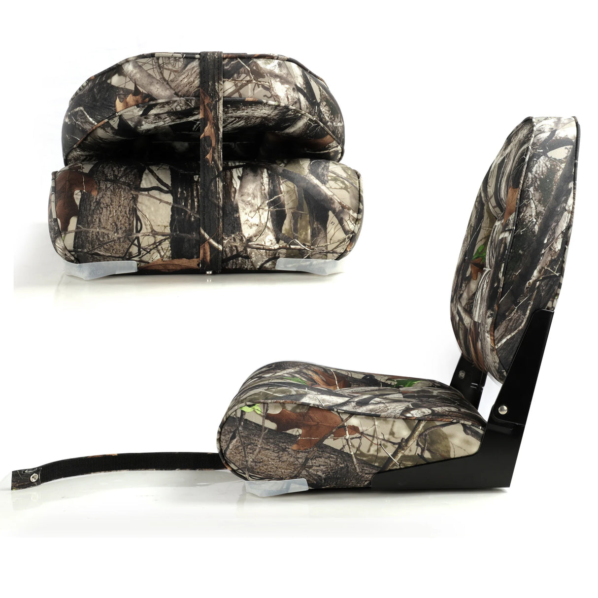 High back bootstoel met camouflage bekleding en hoge rugleuning, geschikt voor visboten en recreatieve boten. ingeklapt