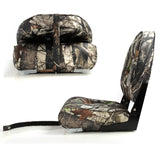 High back bootstoel met camouflage bekleding en hoge rugleuning, geschikt voor visboten en recreatieve boten. ingeklapt