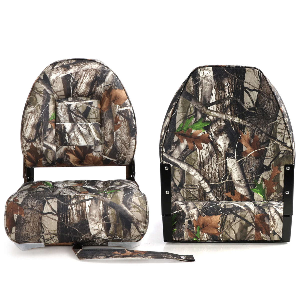 High back bootstoel met camouflage bekleding en hoge rugleuning, geschikt voor visboten en recreatieve boten. achterzijde