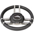 RVS316 stuurwiel zwart Ø35 cm – heavy casted, spiegel gepolijst, maritiem leer, aluminium midden basis.