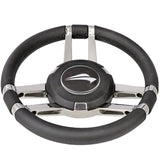 RVS316 stuurwiel zwart Ø35 cm – heavy casted, spiegel gepolijst, maritiem leer, aluminium midden basis.
