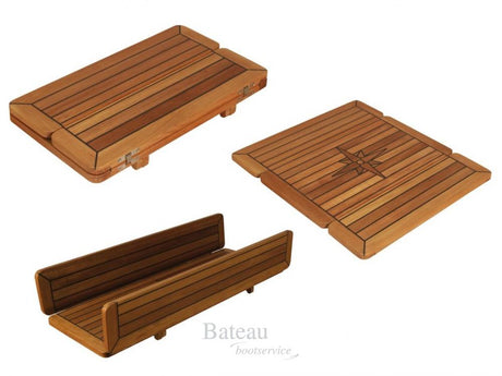 Tweevoudig opklapbaar tafelblad van milieuvriendelijk plantage teak, met onzichtbare RVS scharnieren, gerubberde naden, Nautic star, en uitschuifbare supports, bladdikte 16 mm.- Bateau Bootservice