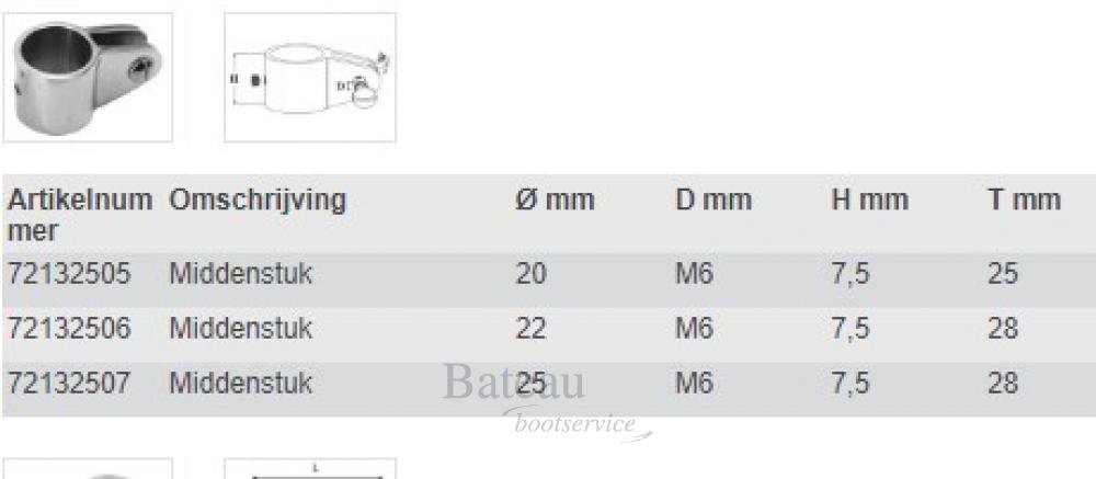 RVS Middenstuk biminitop 20/22/25 mm - Bateau Bootservice