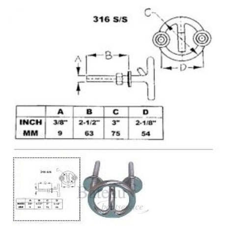 RVS haak voor spiegelmontage 9mm - Bateau Bootservice