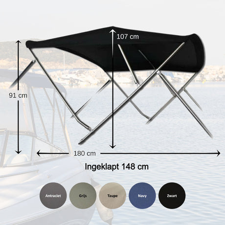 Sunmaster RVS 3 boog biminitop Hoogte 91 cm Lengte 183 cm - Bateau Bootservice
